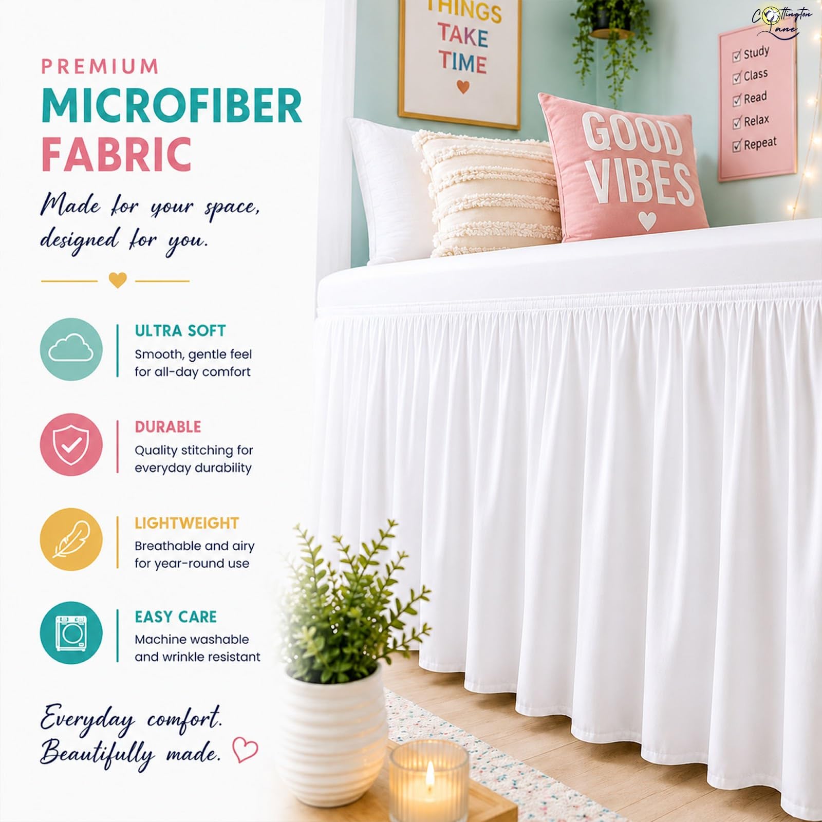 Cottington Lane Ruffled Dorm Room Bed Skirt Twin XL 25 Inch Drop, Hotel Quality Premium Brushed Microfiber Twin Extra Long College Dust Ruffle, White
