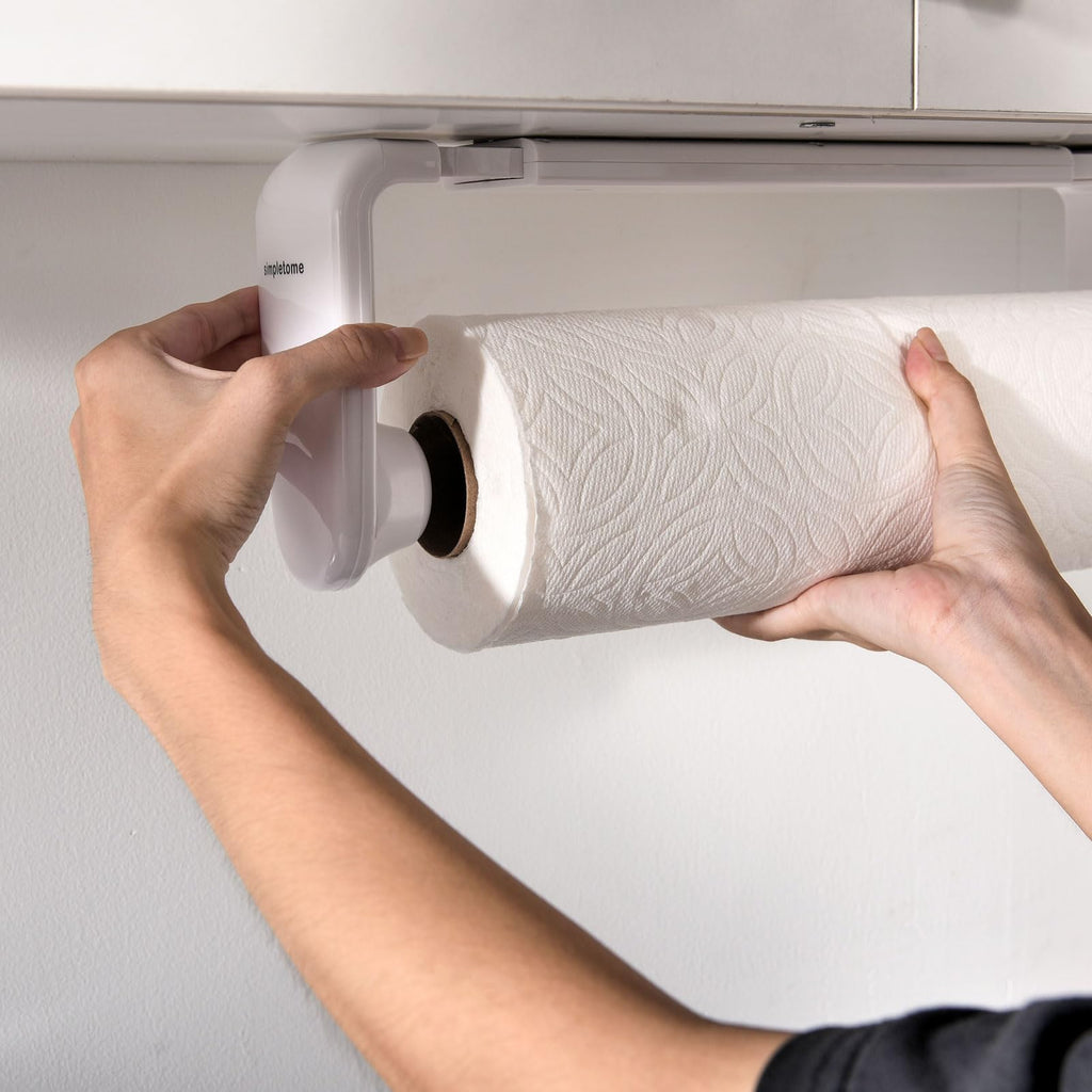 simpletome Paper Towel Holder ONE Hand Tear Adaptive Tension Arm Adjustable Length 9.4-11inch/24-28cm (Black) | adaptive adjustable tension arm | tear one/more sheets at one time | adhesive or drilling | abs plastic | easy to replace