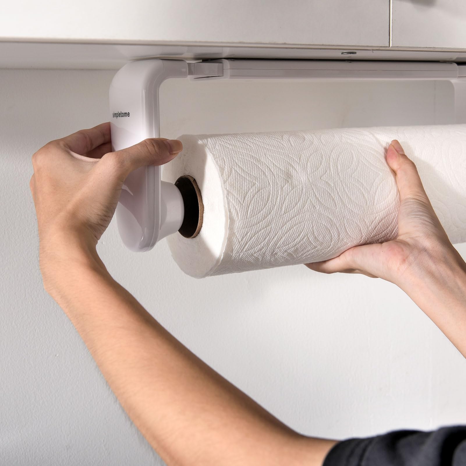 simpletome Paper Towel Holder ONE Hand Tear Adaptive Tension Arm Adjustable Length 9.4-11inch/24-28cm (Black) | adaptive adjustable tension arm | tear one/more sheets at one time | adhesive or drilling | abs plastic | easy to replace