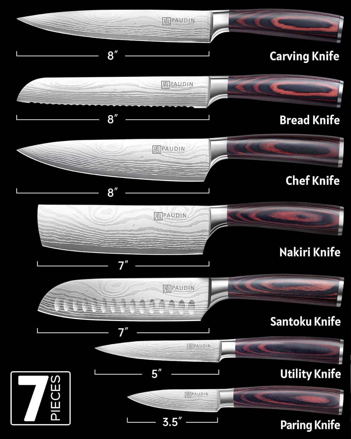 PAUDIN Chef Knife Set, 7 Pieces Kitchen Knife Set, High Carbon Stainless Steel, Ultra Sharp Knife Set, Professional Knives Set for Kitchen with Pakkawood Handle