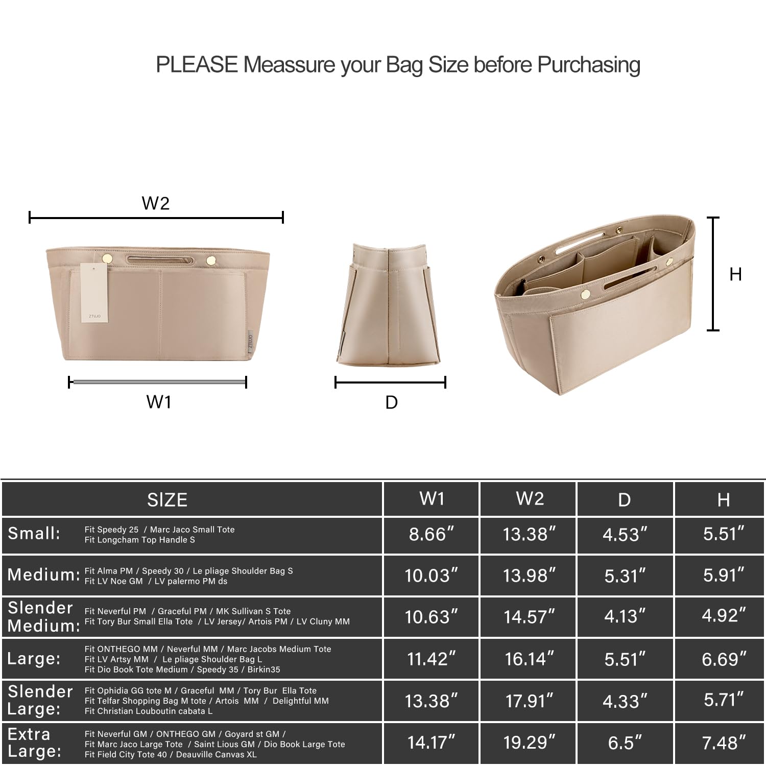 ZTUJO Purse Organizer Insert For Handbag & Tote Shaper,Tote Bag Organizer Insert For Speedy Neverful, 6 Sizes(Small, Silky Brown)