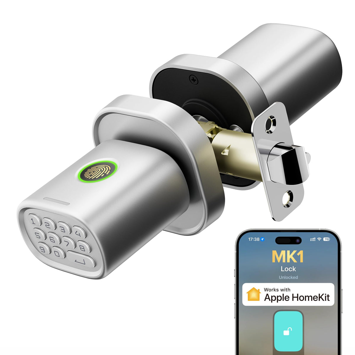 ThorBolt Fingerprint Door Lock with Keypad Door Knob, HomeKit Lock Over 𝗧𝗛𝗥𝗘𝗔𝗗, HomeKit Hub 𝗥𝗲𝗾𝘂𝗶𝗿𝗲𝗱, 𝗶𝗢𝗦 𝗢𝗡𝗟𝗬 Smart Lock for Interior Door, Bedroom, Office, MK1 Black