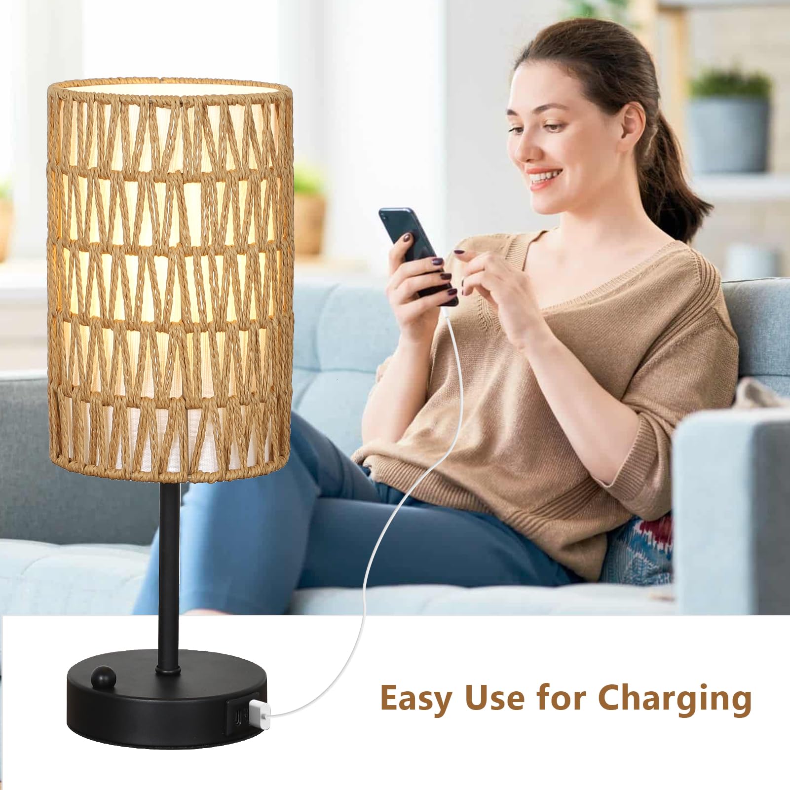Rattan Bedside Table Lamps Set of 2 - Boho Lamps With 3 Color Temperatures & USB AC Port, Pull Chain Table Lamp For Bedroom, Cute Small Lamp For Nightstand Office Desk Bed Side End Table Living Room