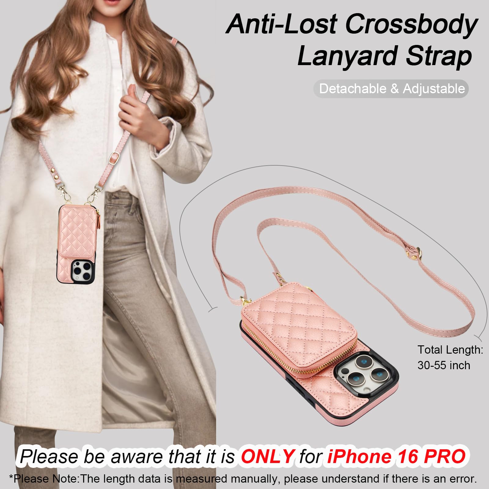 Bocasal Crossbody Wallet Case for iPhone 16 Pro, RFID Blocking PU Leather Zipper Handbag Purse Flip Cover, Kickstand Folio Case with Card Slots Holder Wrist Strap Lanyard 5G 6.3 Inch (Black)