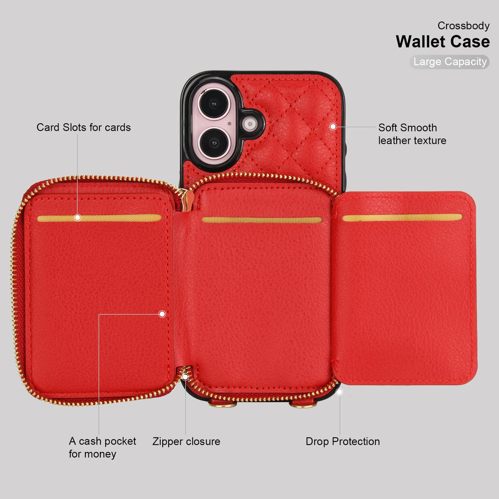 Bocasal Crossbody Wallet Case for iPhone 16, RFID Blocking PU Leather Zipper Handbag Purse Flip Cover, Kickstand Folio Case with Card Slots Holder Wrist Strap Lanyard 5G 6.1 Inch (Black)