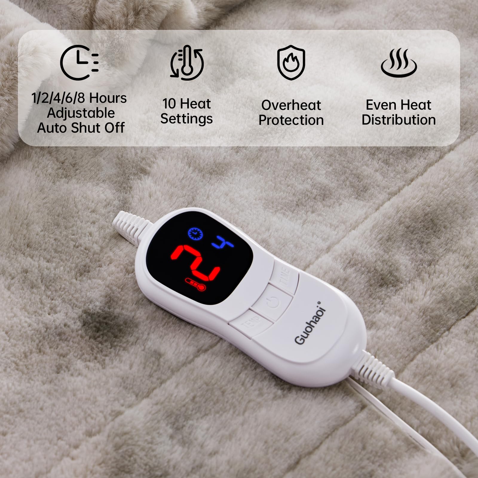 Guohaoi Heated Blanket Electric Throw, Soft Faux Rabbit Fur Electric Blanket with 10 Heating Levels 5 Sitting Timer Auto Off, Cozy Warm Heating Blankets, Machine Washable(50"×60" Beige)