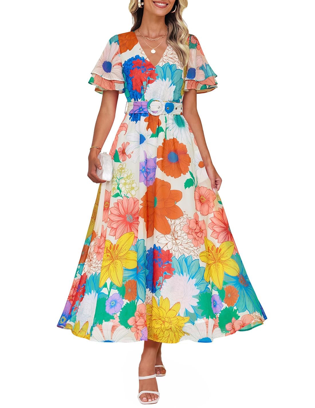 ZESICA Women's 2026 Summer Floral V Neck Midi Dress Boho Short Sleeve High Waist Flowy Beach Vacation Dresses with Belt