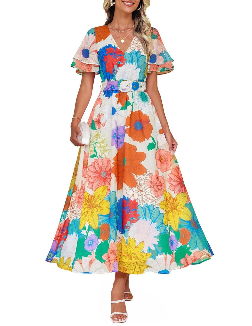 ZESICA Women's 2026 Summer Floral V Neck Midi Dress Boho Short Sleeve High Waist Flowy Beach Vacation Dresses with Belt