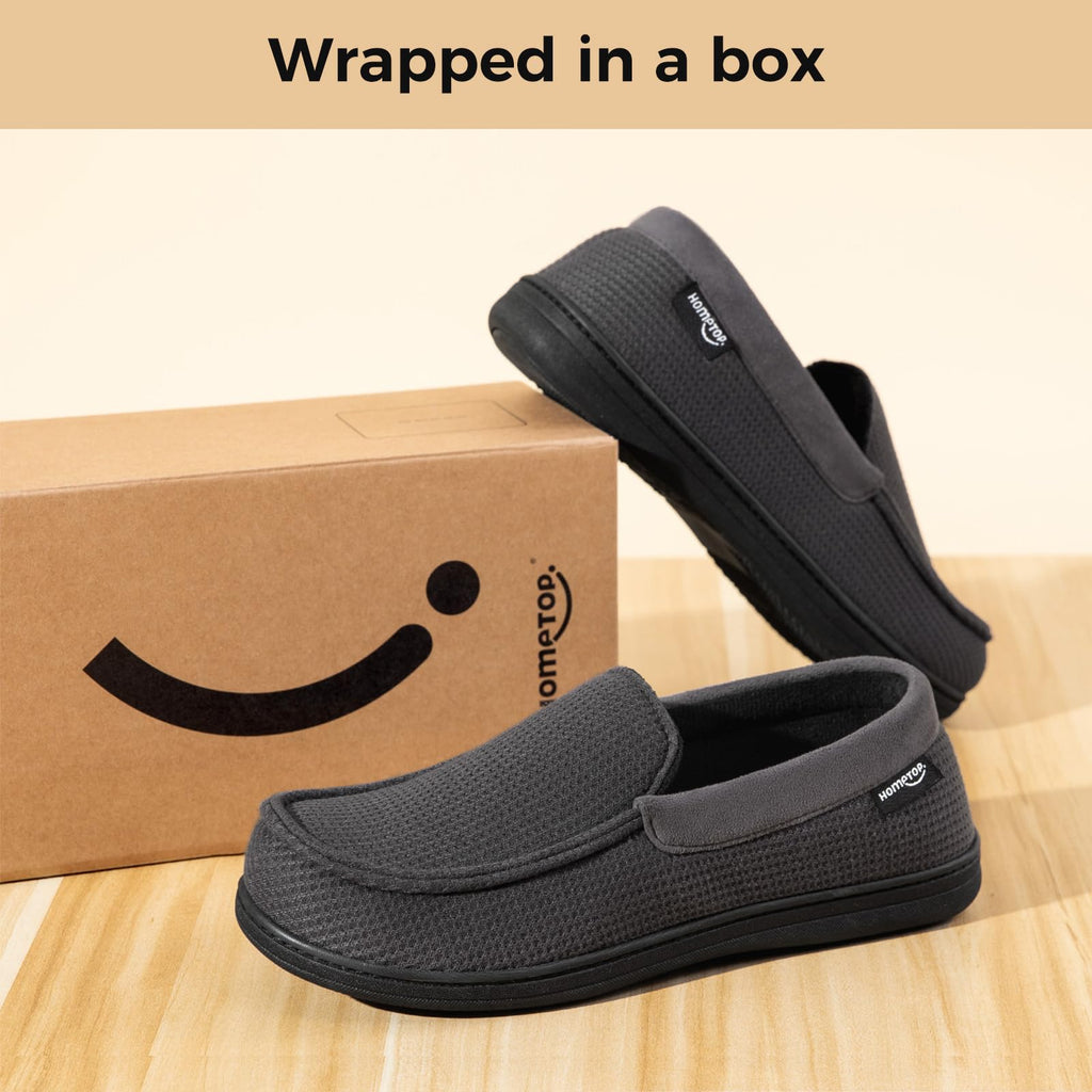 HomeTop Men's Comfort Memory Foam Moccasin Slippers, Breathable Cotton Knit Terry Cloth House Shoes for Indoor Outdoor