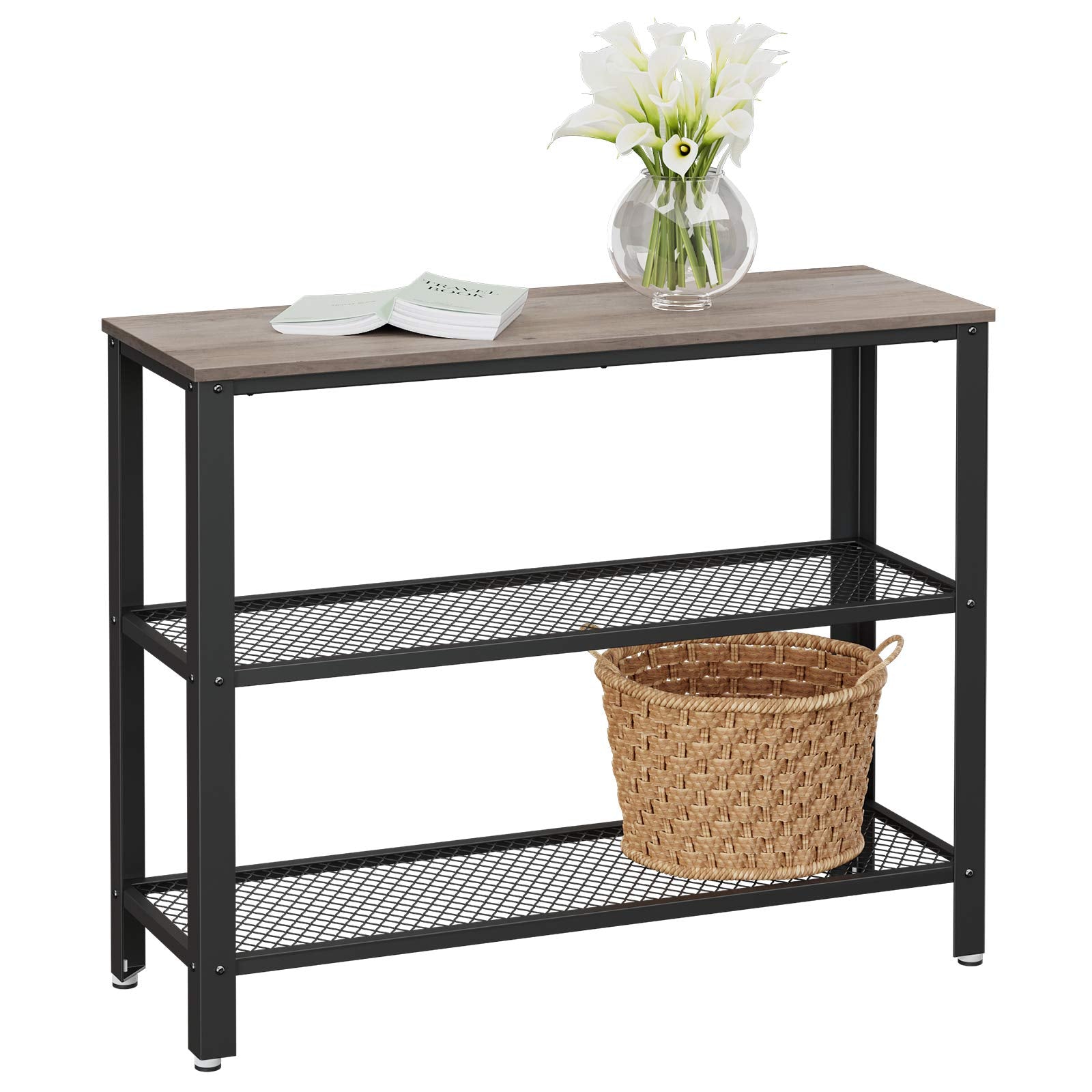 VASAGLE 40" Industrial Console Table, 3 Tier Entryway Table with Storage Shelf, Narrow Sofa Table for Living Room, Hallway, Entrance Hall, Corridor, Bedroom, Greige and Black ULNT081B02