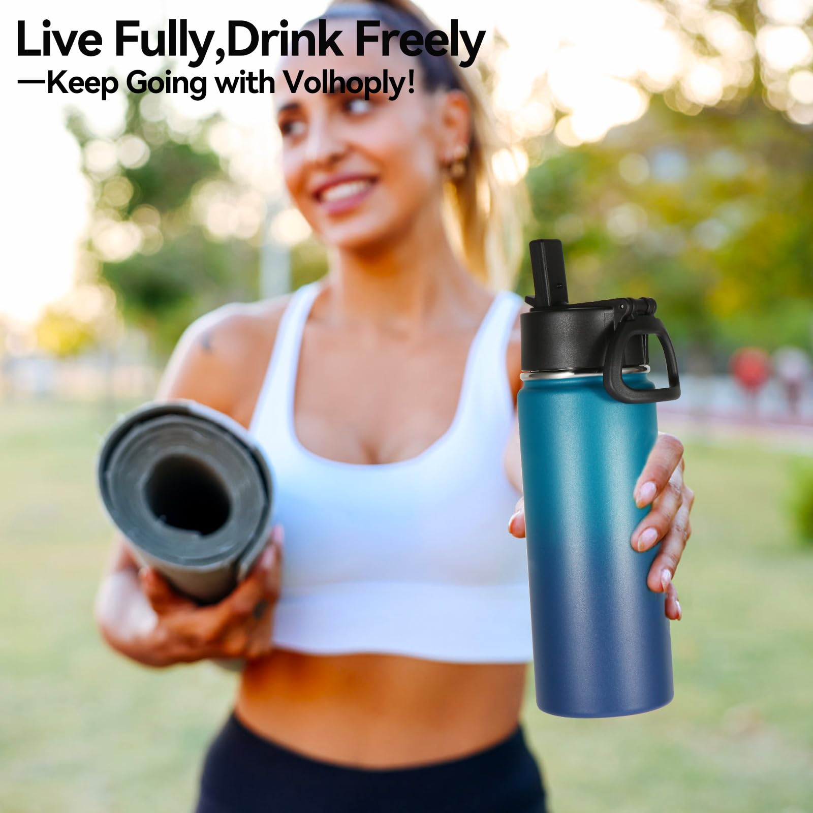 Volhoply Kids Insulated Water Bottle with Straw,16oz Stainless Steel Cold Water Bottles for School,BPA-Free Metal Wide Mouth Cups with Handle Lid,Reusable Double Wall Vacuum Sport Flask(Black,1)