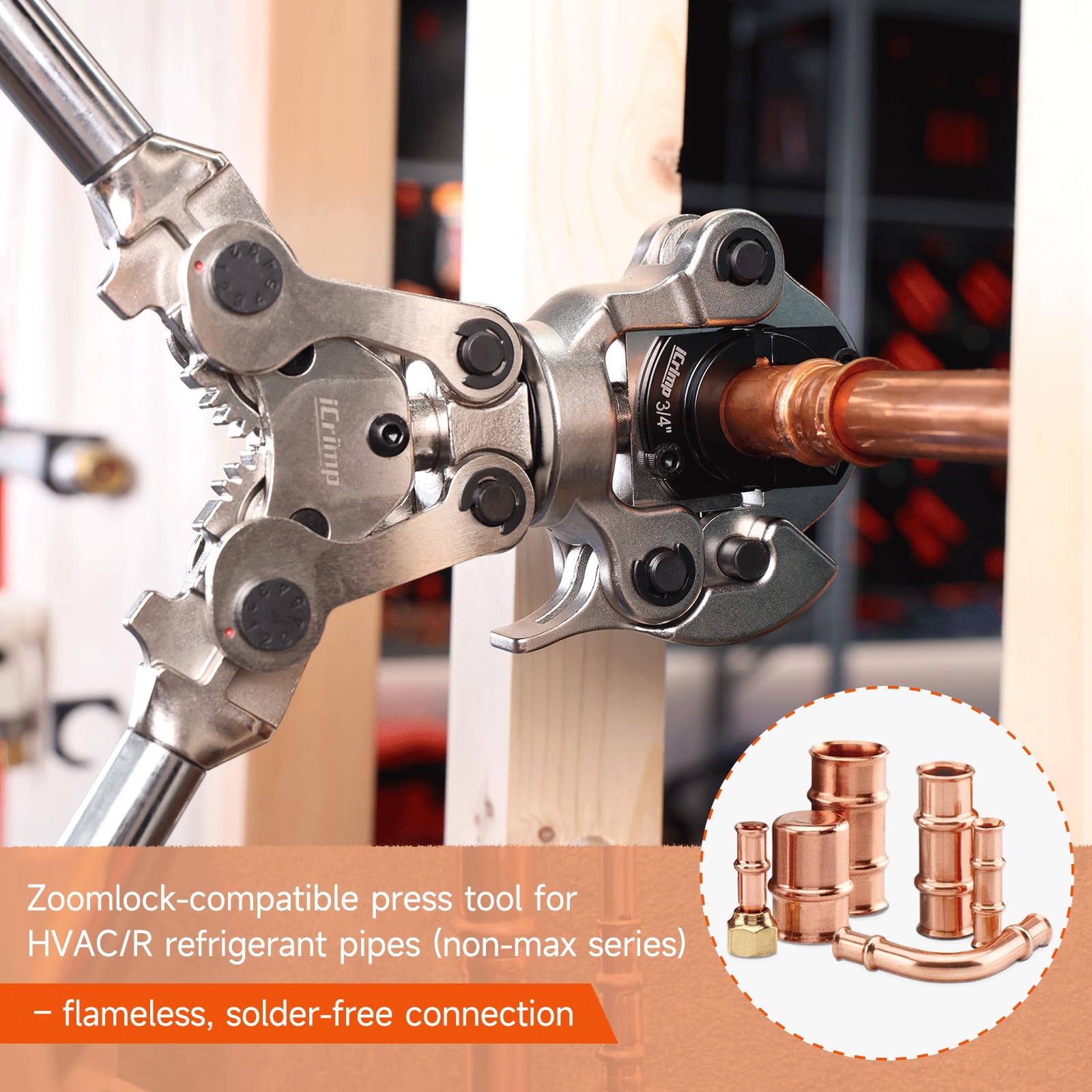 iCrimp Copper Tube Press Tool 1/4"-7/8" for HVAC/R Refrigerant Lines, O-Ring Sealed Solderless Fitting Connection