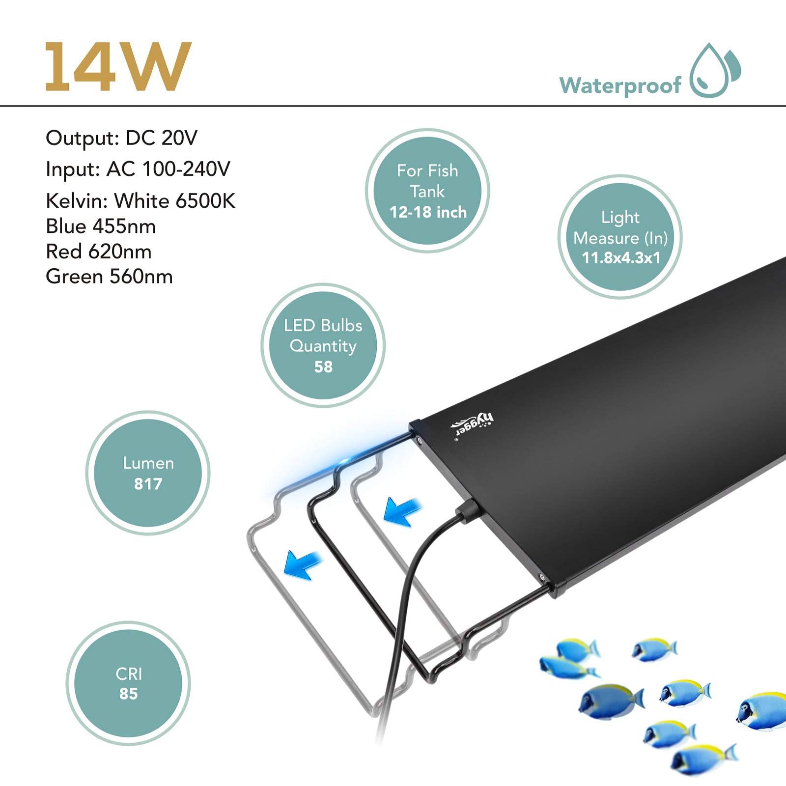 hygger Fish Aquarium LED Light, 14W 24/7 Lighting Sunrise-Daylight-Moonlight Mode DIY , Adjustable Timer/Brightness with Extendable Bracket 7 Colors for Planted Tank