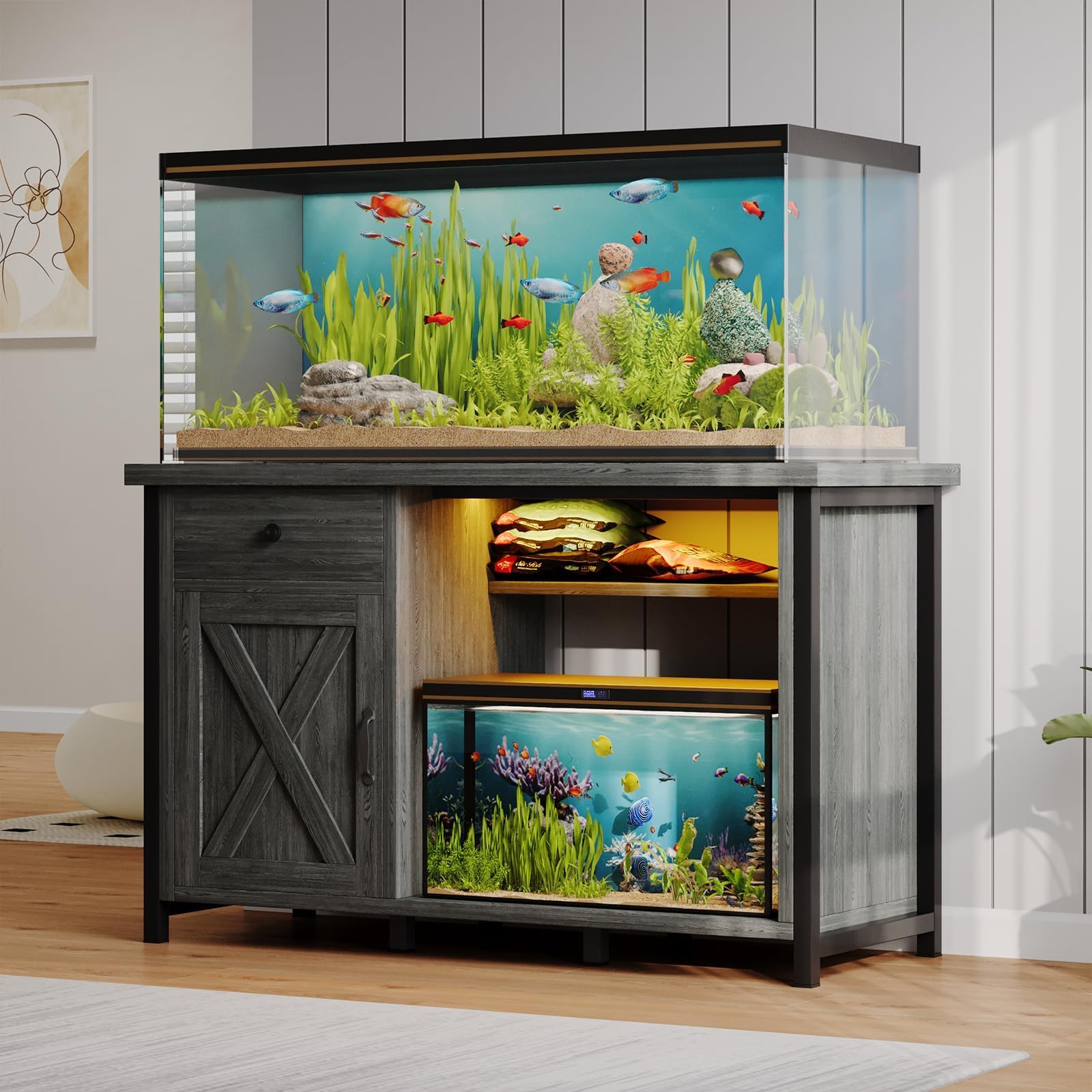 4ever2buy 55-75 Gallon Fish Tank Stand with Power Outlets, LED Light, Heavy Duty Aquarium Stand with Cabinet for Fish Tank Accessories Storage, for Turtle Tank, Reptile Terrarium, 1100LBS, Black