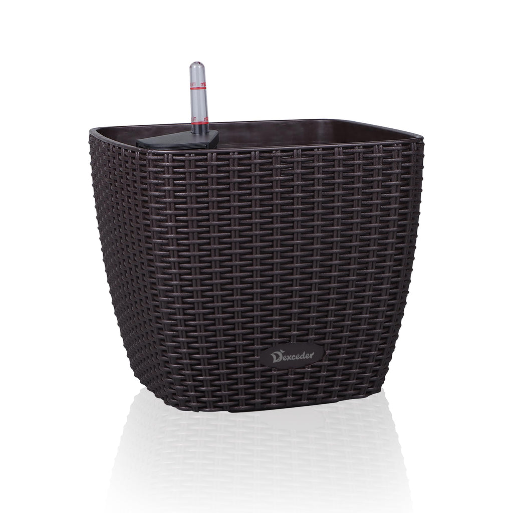 Dexceder 9x8 Self Watering Planter (Black High Gloss) | Inner Mat Design, Thickened Table Flower Plant Pot with Water Level Indicator Indoor Outdoor
