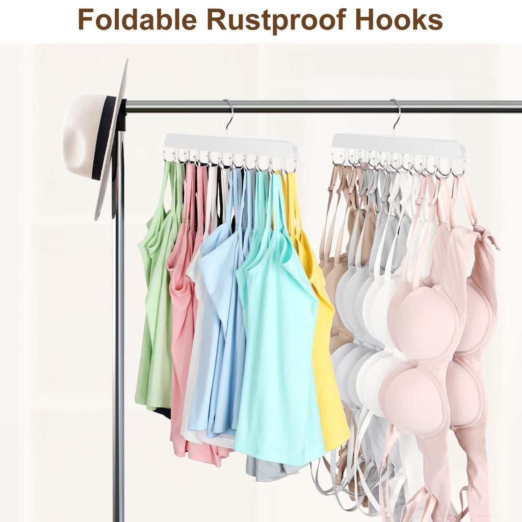 Bra Hanger for Closet, Tank Top Organizer 20 Hooks Capacity Foldable Wood Space Saving Hanger Closet Organizers and Storage for Dorm & Apartment for Tank Top, Hats, Scarf etc.