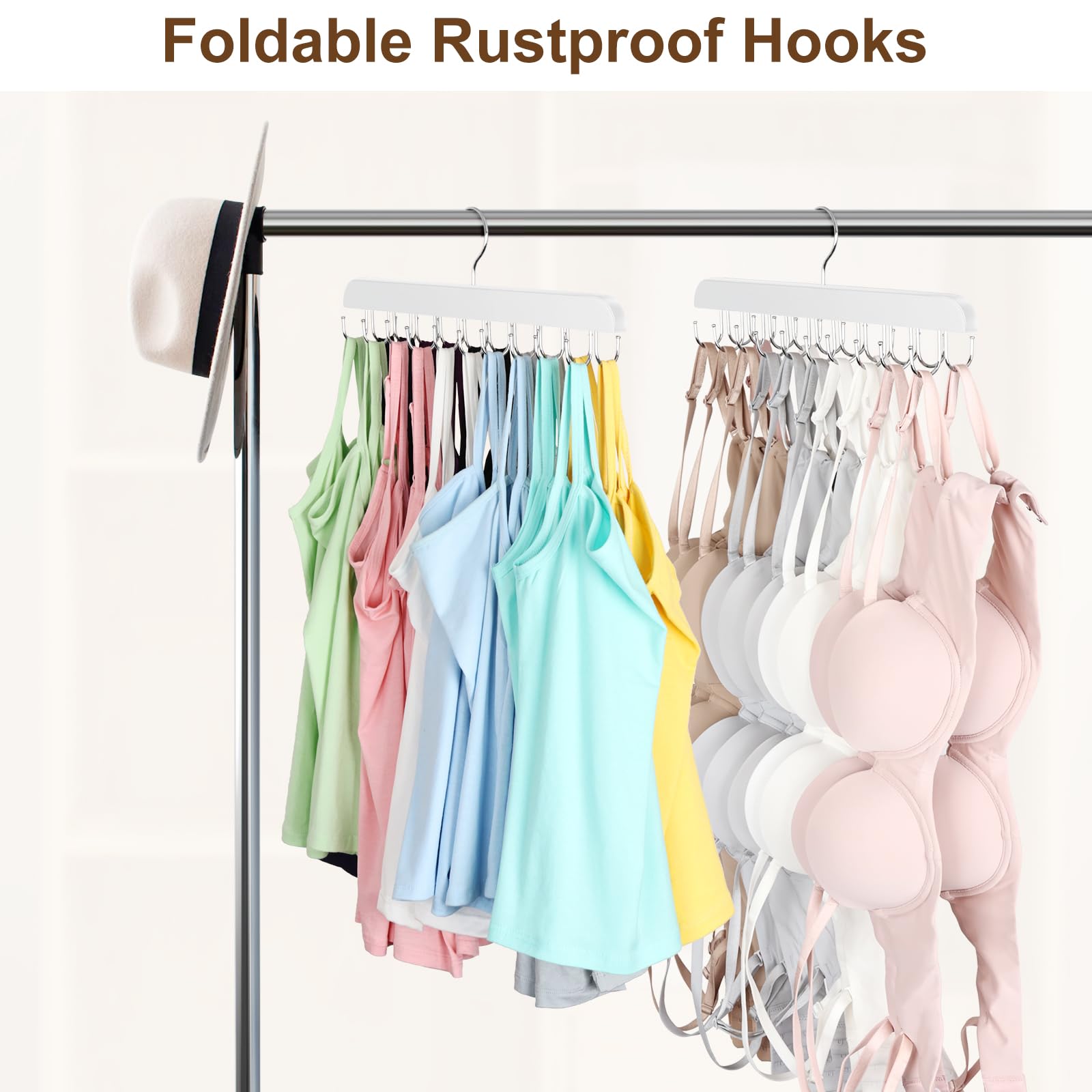 Bra Hanger for Closet, Tank Top Organizer 20 Hooks Capacity Foldable Wood Space Saving Hanger Closet Organizers and Storage for Dorm & Apartment for Tank Top, Hats, Scarf etc.