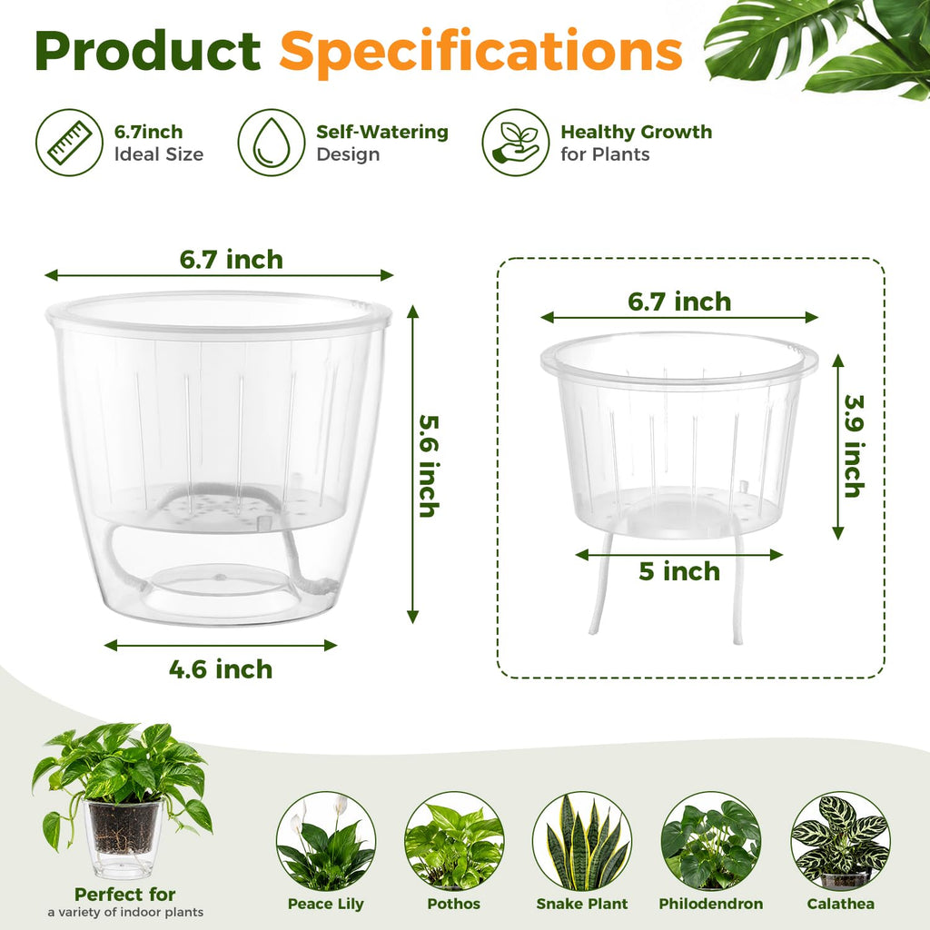Self-Watering Pots for Indoor Plants, 16-Pack Self Watering Planter with Drainage Holes, Small African Violet Pots with Water Indicator, 10-Pack 5''/6-Pack 6.7'' Orchid Pot, Black