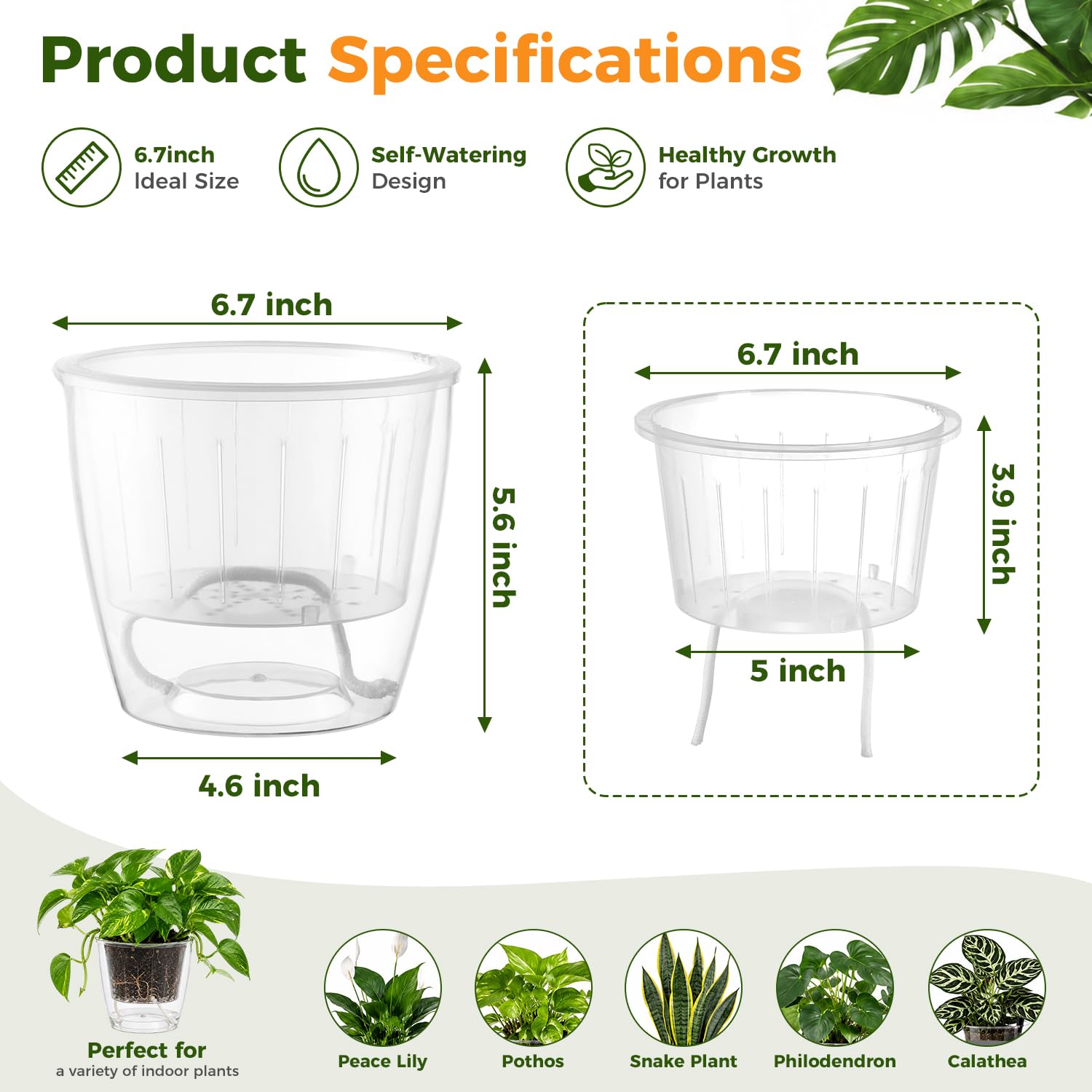 Self-Watering Pots for Indoor Plants, 16-Pack Self Watering Planter with Drainage Holes, Small African Violet Pots with Water Indicator, 10-Pack 5''/6-Pack 6.7'' Orchid Pot, Black