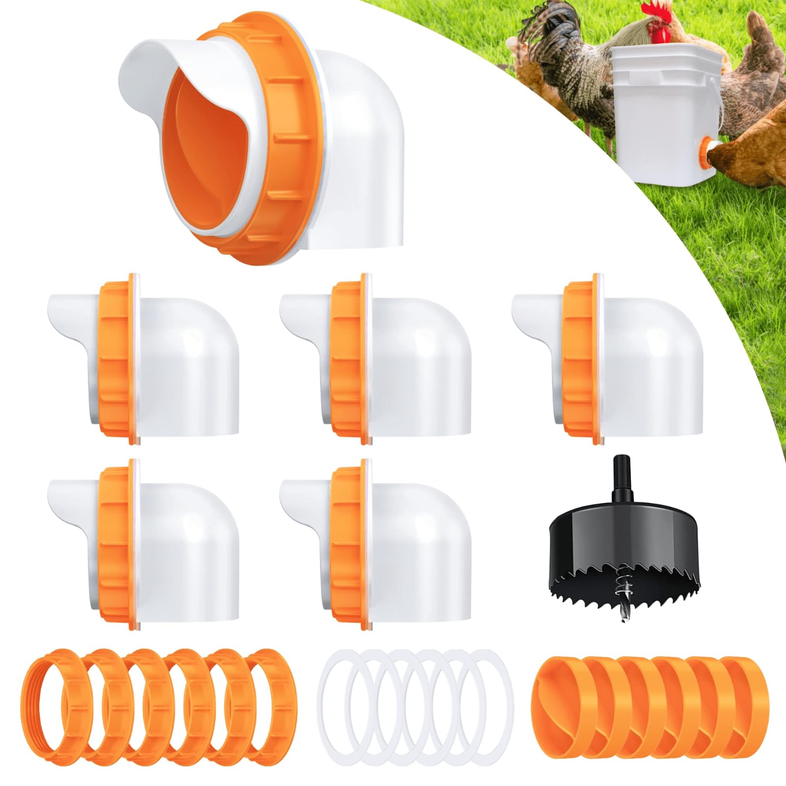 Chicken Feeder Port, 6 Pack Chicken Feeders No Waste with 6 Lids 1 Drill Bit, DIY Automatic Poultry Feeder Cups Kit, Chicken Bucket Feeder for Barrels (White)