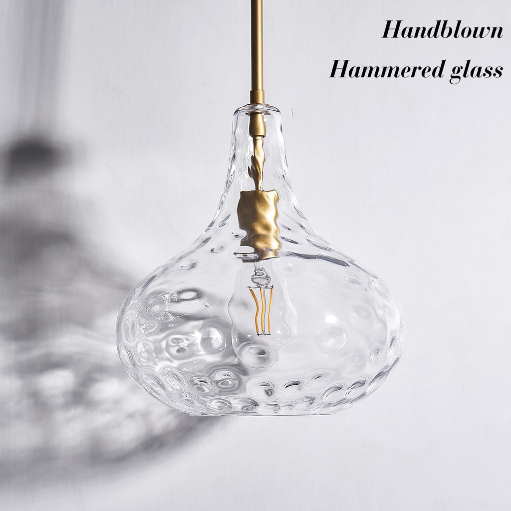 Glass Large Pendant Lights for Kitchen Island Blown Glass Pendant Light Clear Hammered Shade Hanging Ceiling Lights with Black Finish for for Kitchen Island, Sink, Hallway, Living Room 11 inch