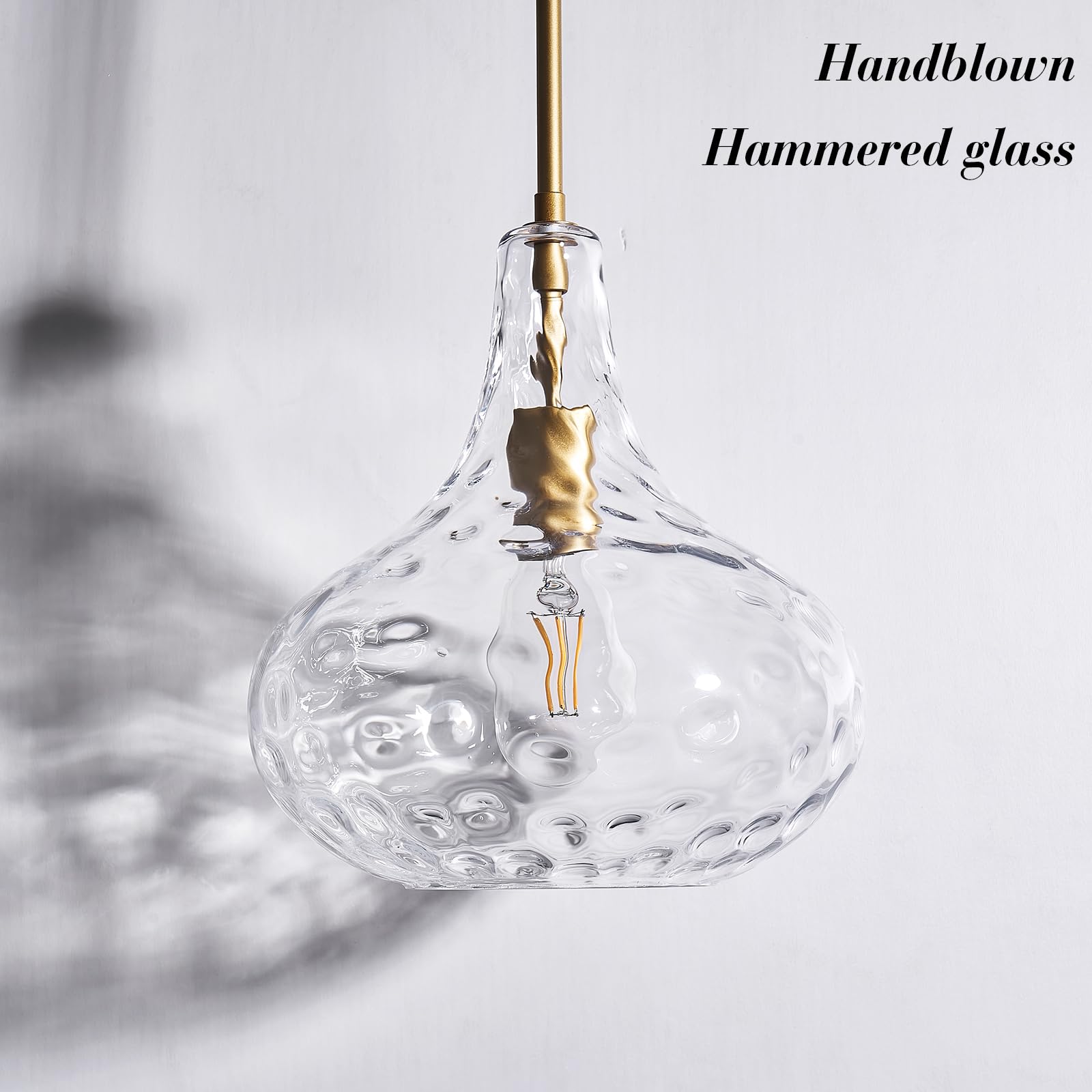 Glass Large Pendant Lights for Kitchen Island Blown Glass Pendant Light Clear Hammered Shade Hanging Ceiling Lights with Black Finish for for Kitchen Island, Sink, Hallway, Living Room 11 inch