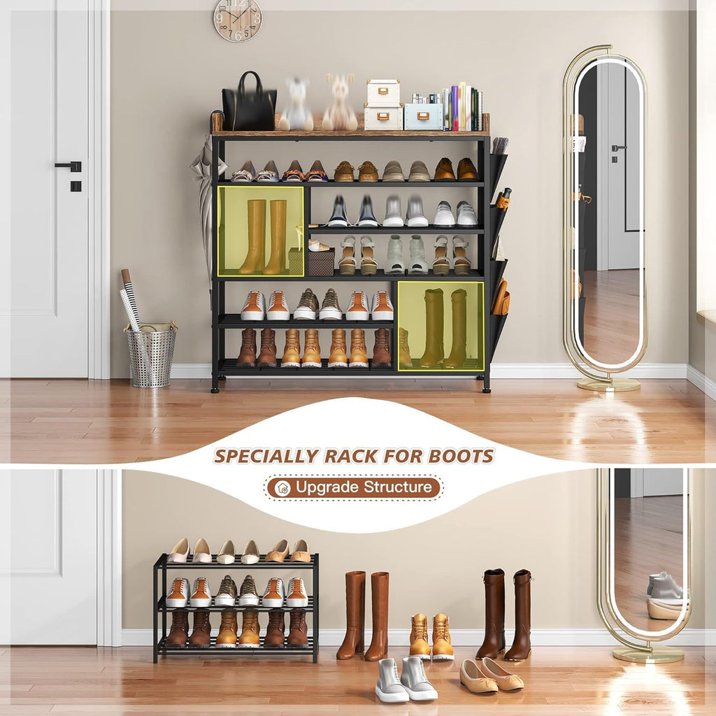 EnHomee Shoe Rack for Entryway, 6 Tier Shoe Organizer with Adjustable Shelves, 22 Pairs, Shoe Shelf with Wooden Top and Side Pocket for Closet, Entryway, Living Room, Rustic Brown & Black