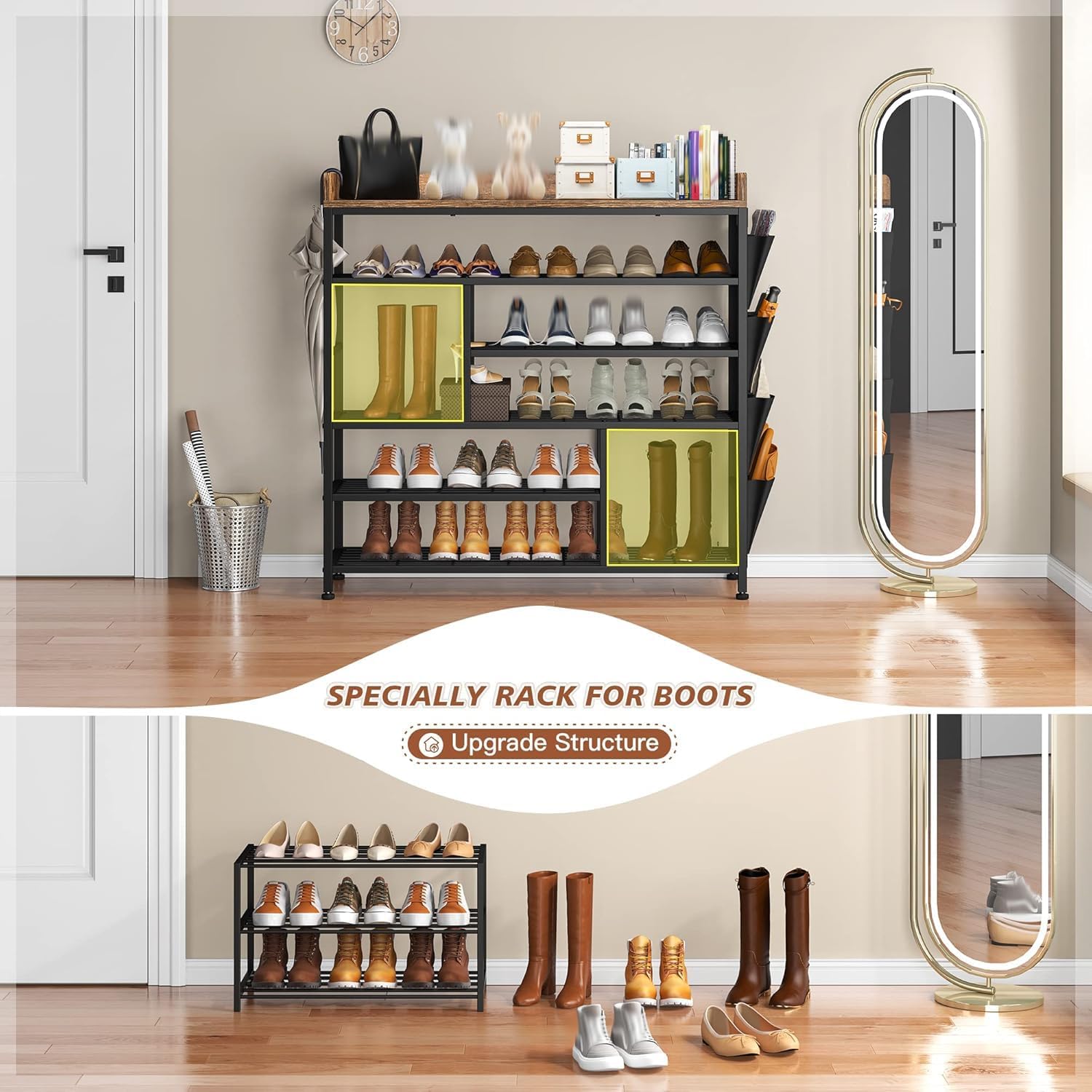 EnHomee Shoe Rack for Entryway, 6 Tier Shoe Organizer with Adjustable Shelves, 22 Pairs, Shoe Shelf with Wooden Top and Side Pocket for Closet, Entryway, Living Room, Rustic Brown & Black