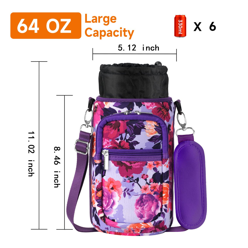 AceTreker 32/40/64/128 oz Neoprene Insulated Water Bottle Carrier Bag, Sling Bag Sleeve Pouch Holder with Strap & Paracord Handle and 2 Pocket for Travelling, Hiking, Camping