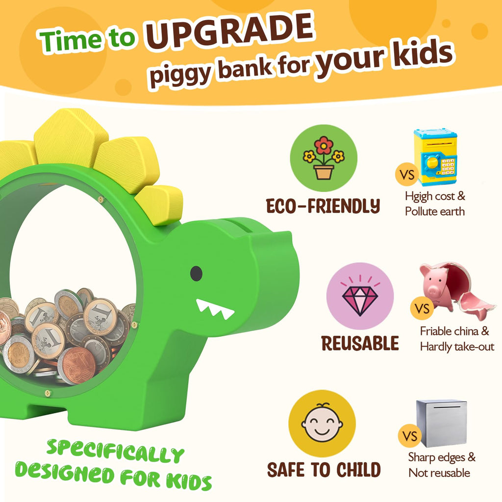 Summidate Wooden Dinosaur Piggy Bank for Kids Boys, Cute Wood Dino Money Bank for Toddlers, Creative Saving Coin Jar, Personalized Present for Child Birthday & Decor (Brachiosaurus, Custom)