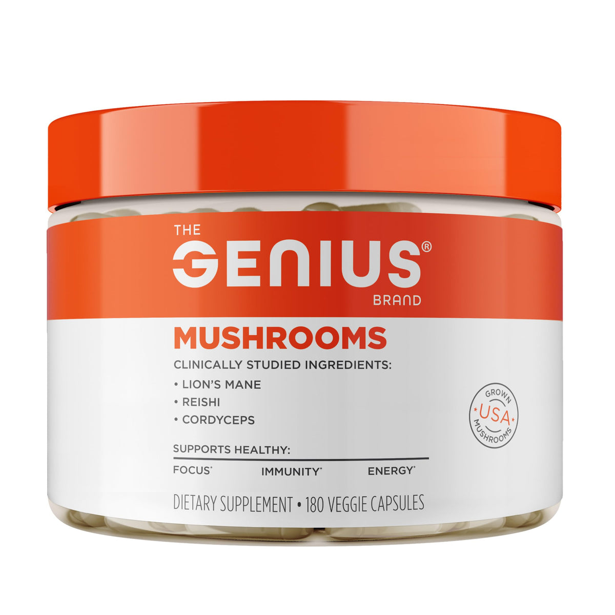 The Genius Brand Genius Mushrooms - Plant-Based Supplement for Immune, Focus & Energy Support - Lion's Mane, Cordyceps & Reishi - Organic & Non-GMO - 90 Veggie Capsules