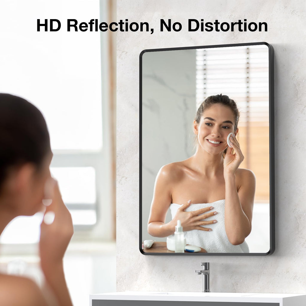 22x30 inch Gold Bathroom Mirror,Rounded Rectangle Gold Metal Framed, HD Tempered Glass, Horizontal or Vertical Hanging, Modern Bathroom Decor