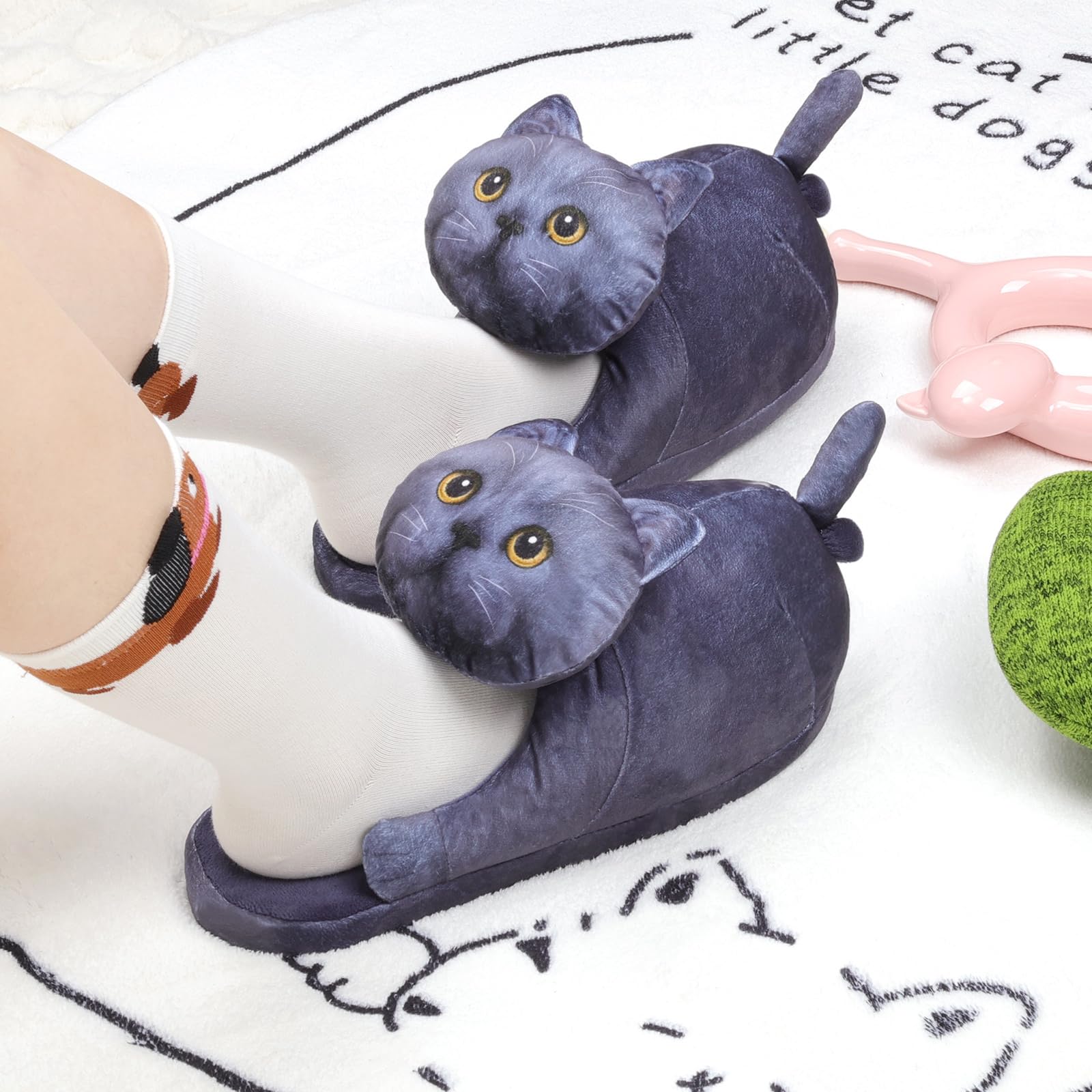 Funny Cat Slippers for Women,Fuzzy Animal Indoor House Shoes with Soft Memory Foam,Comfy Plush Warm Slip-on Slippers,Cat Gifts for Cat Lover
