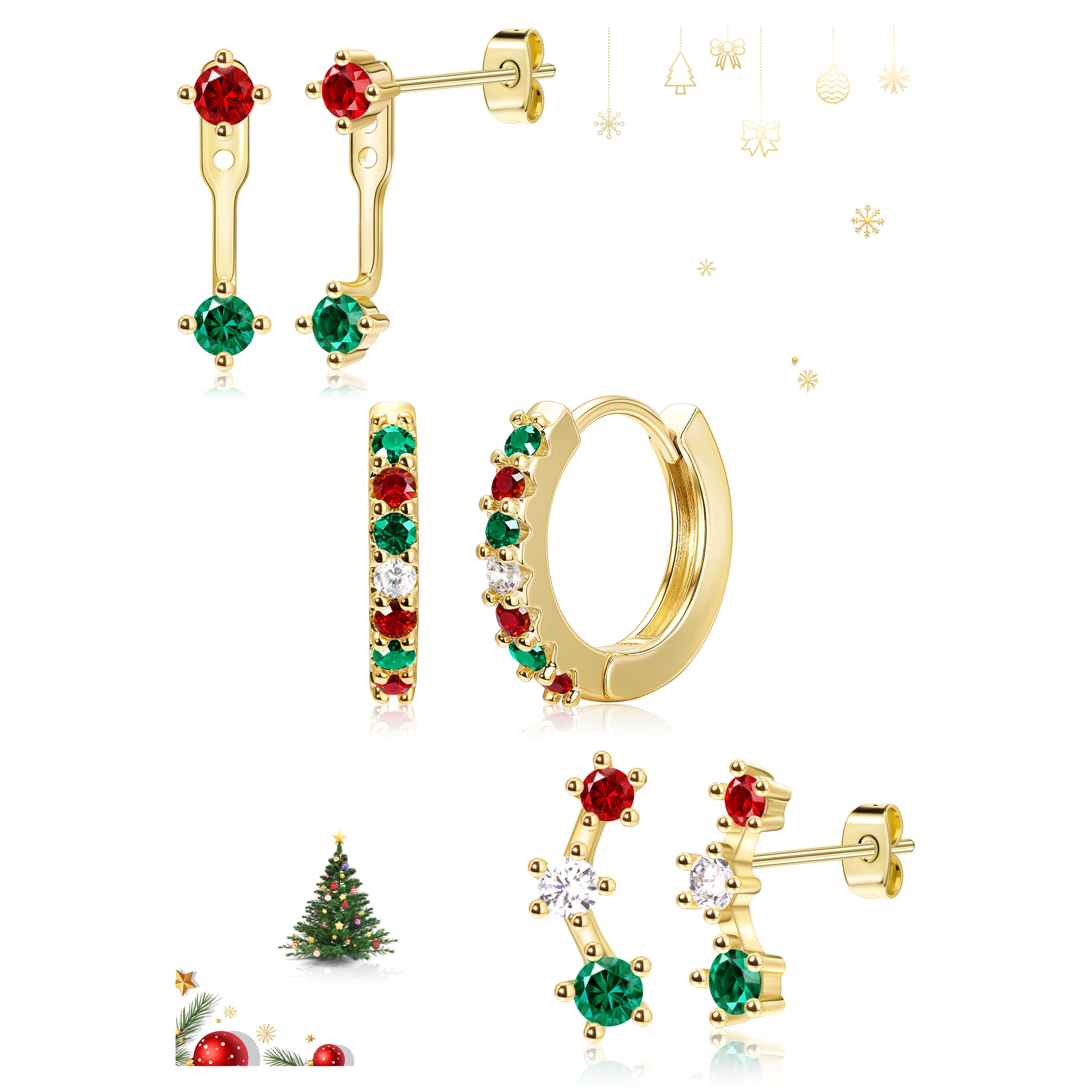 3 Pairs Dainty Small Earrings Set for Women Trendy, Birthstone Stud Huggie Hoop Jacket Stack for Cartilage Helix, Gold Plated Hypoallergenic Cute Women Fashion Accessories Western Jewelry Gifts