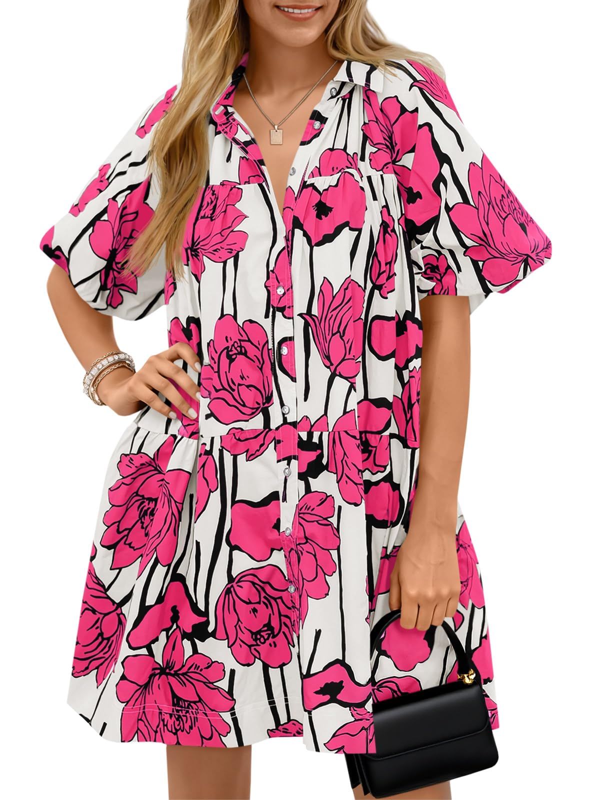 Wenrine Women's Summer Button Down Shirt Dress Floral Puff Short Sleeve Casual Loose Fit Beach Mini Dresses