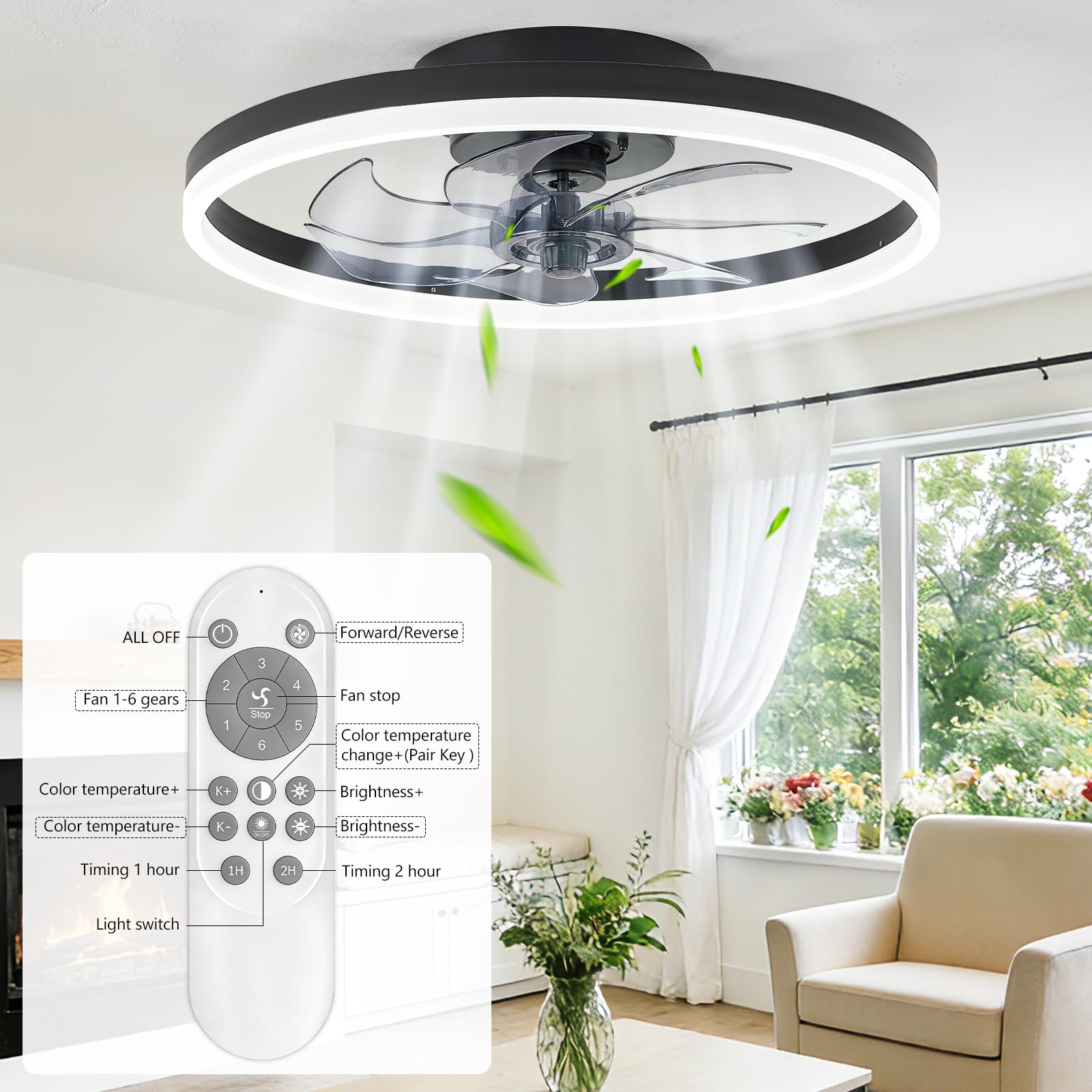 16 Inch RGB Low Profile Ceiling Fans with Lights, Modern Flush Mount Fandelier Chandelier Fixture, Remote & APP Control, Black LED Ceiling Fan Light for Bedroom, Living Room, Kitchen Indoor