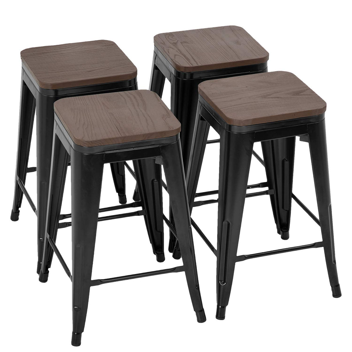 FDW Metal Bar Stools Set of 4 Counter Height Bar Stools 24 Inches Industrial Bar Chairs Patio Stool Stackable Backless Stool Indoor Outdoor Metal Kitchen Stools Bar Chairs (Black, 24")