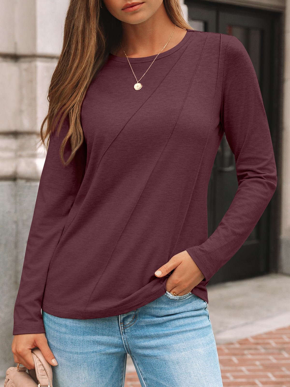 AUTOMET Womens Long Sleeve Shirts Pleated Tunics Fall Fashion Crewneck Tops