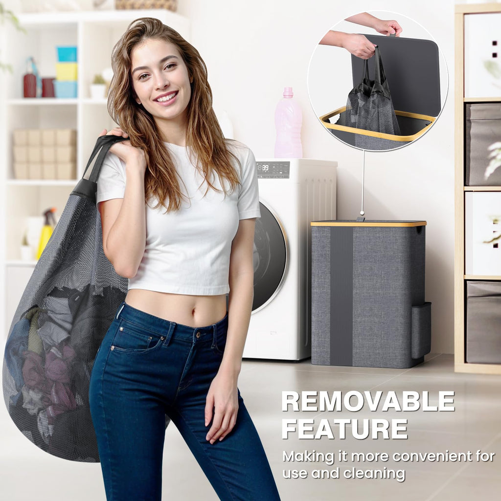BlissTotes Laundry Basket with Lid, 100L Clothes Laundry Hamper with Handles and Removable Laundry Bag, Breathable Design Hamper with Lid for Bedroom, Bathroom, Dorm, Laundry Room - Beige
