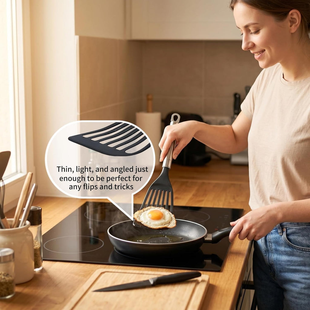 KSENDALO Thin Flexible Fish Spatula for Nonstick Cookware, Black | Egg Flipper Turner w/Hollow Steel Handle, Slotted Angled LFGB Complaint Nylon Blade, Dishwasher Safe, Silver Handle