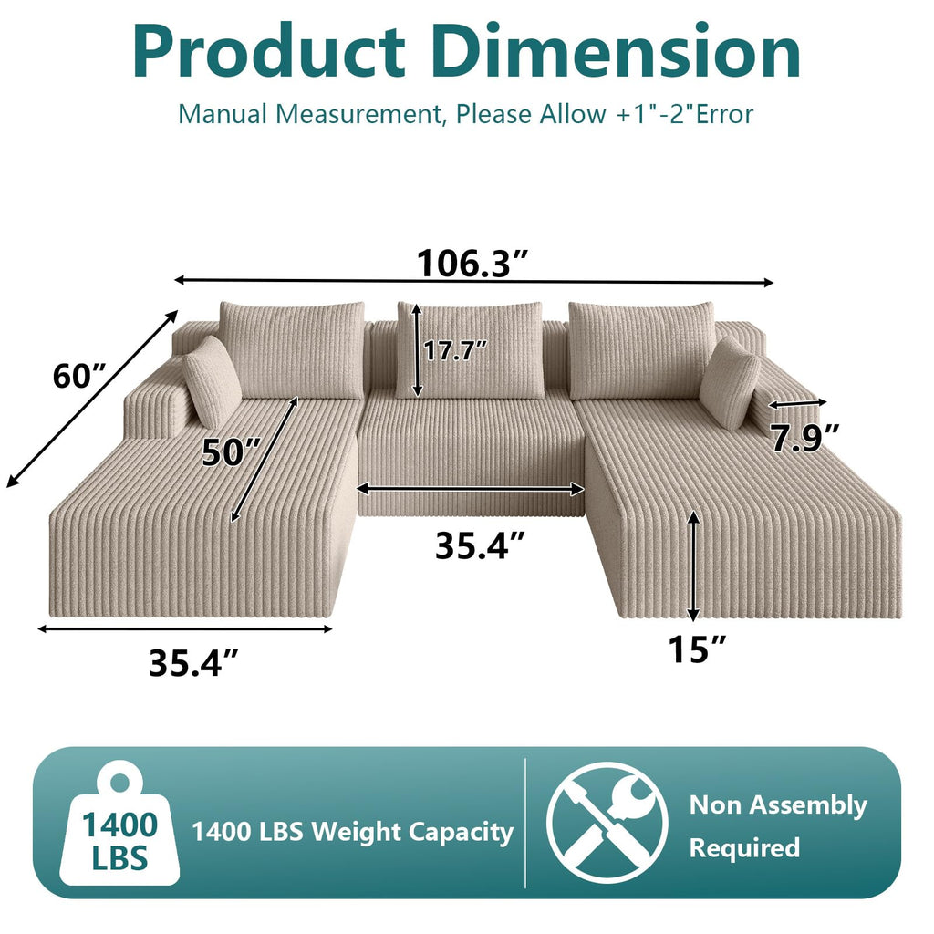 Lakifun 107" L-Shape Sofa with Ottoman, Modern Modular Sectional Comfy U-Shape Cloud Couch, Deep Seat, Upholstered Corduroy Sleeper Chaise Longue for Living Room Bedroom, No Assembly Required, Black
