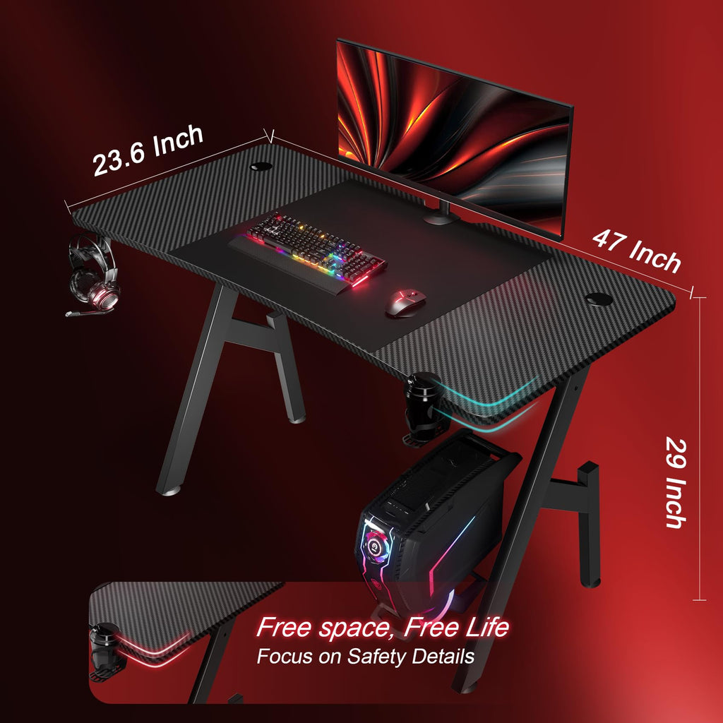 HLDIRECT 40 Inch Gaming Desk, Small Computer Gaming Desk Table with Cable Management, Ergonomic A Shape Modern Carbon Fiber Gamer Table Pc Workstation Home Office Desks for Small Space, Black