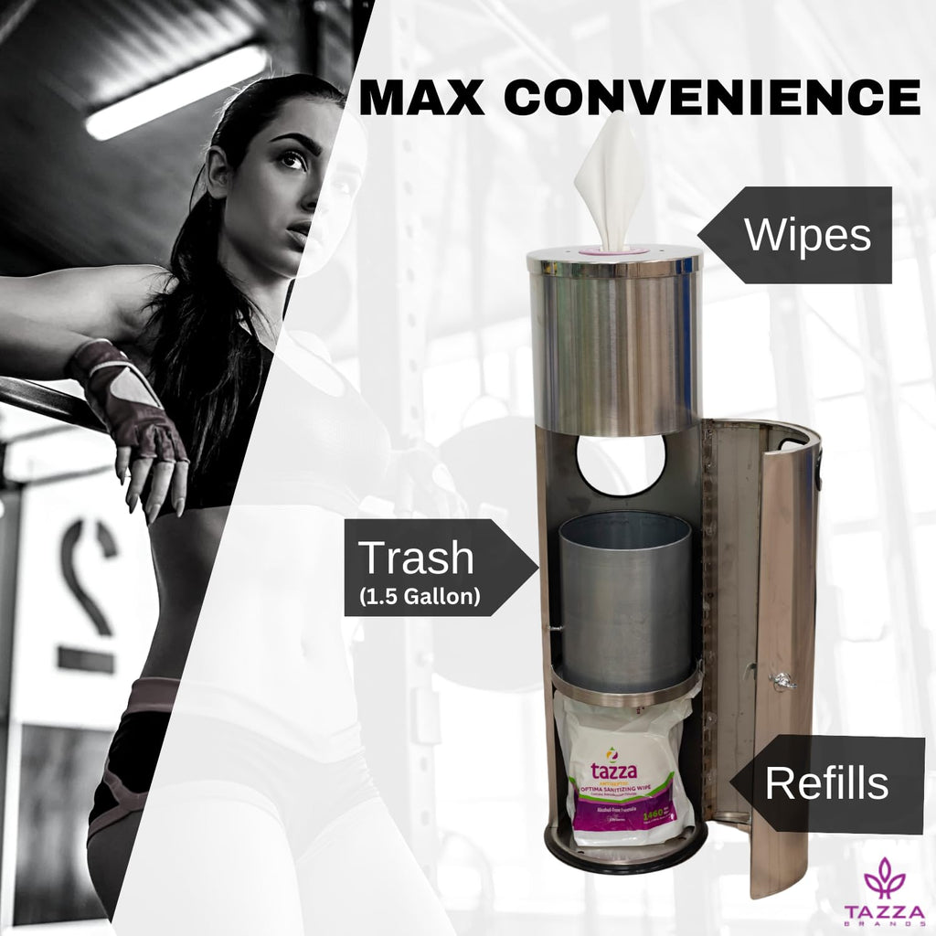 Tazza Gym Equipment Wipe Dispenser with Stainless Steel Floor Stand, Built-in Trash Can, Fitness Equipment Wipes Holder, 1.5 Gallon, Silver