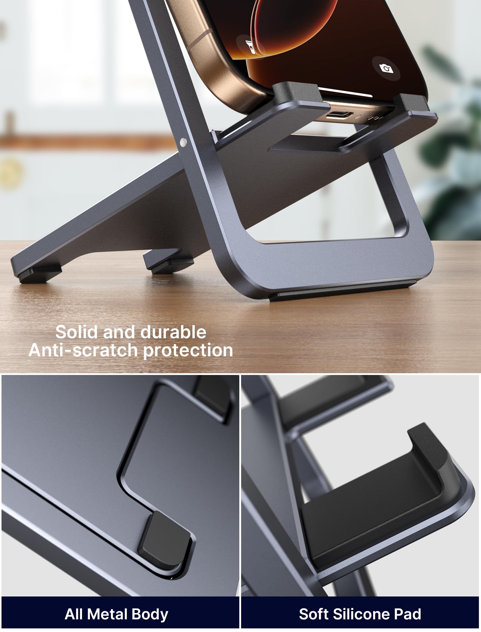 JSAUX Cell Phone Stand, Foldable Aluminum Adjustable Phone Holder for Desk Portable Travel Essentials Office Accessories for iPhone 17 16 15 14 13 Pro Max Samsung S25 S24 S23 Ultra Kindle-Black