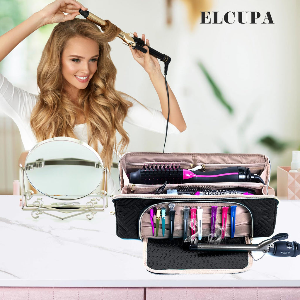 Large Hair Tools Travel Bag with Iron Mat - 2in1 Hair Tools Organizer for Hair Dryer Brush, Flat Irons, Straighteners, Curling Irons, Hair Bag, Makeup Bag, Cosmetic Bag for Travel Essentials