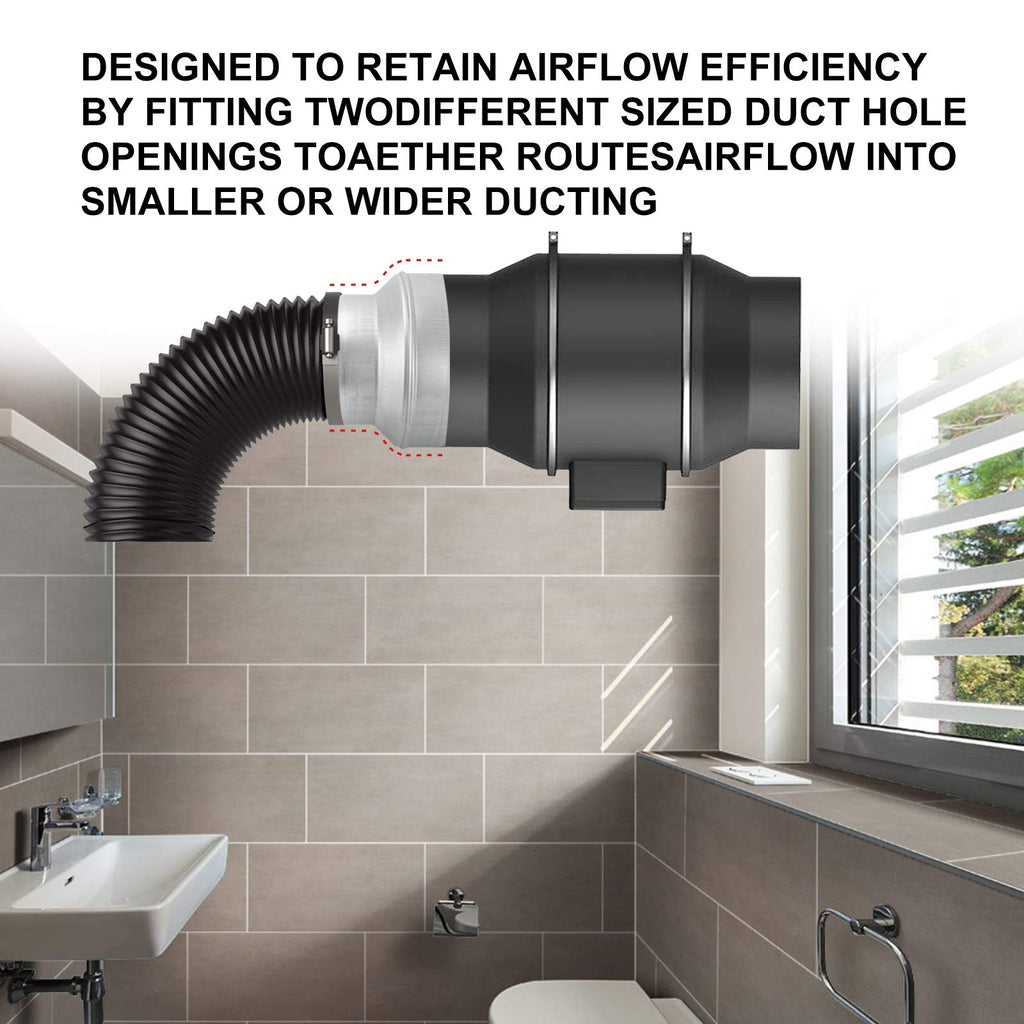 Duct Reducter 6 to 4 Air Ducting Reducer Increaser Air Duct Adapter or Round Metal Pipe Reducer for Bathroom Kitchen Ventilation Systems - Black