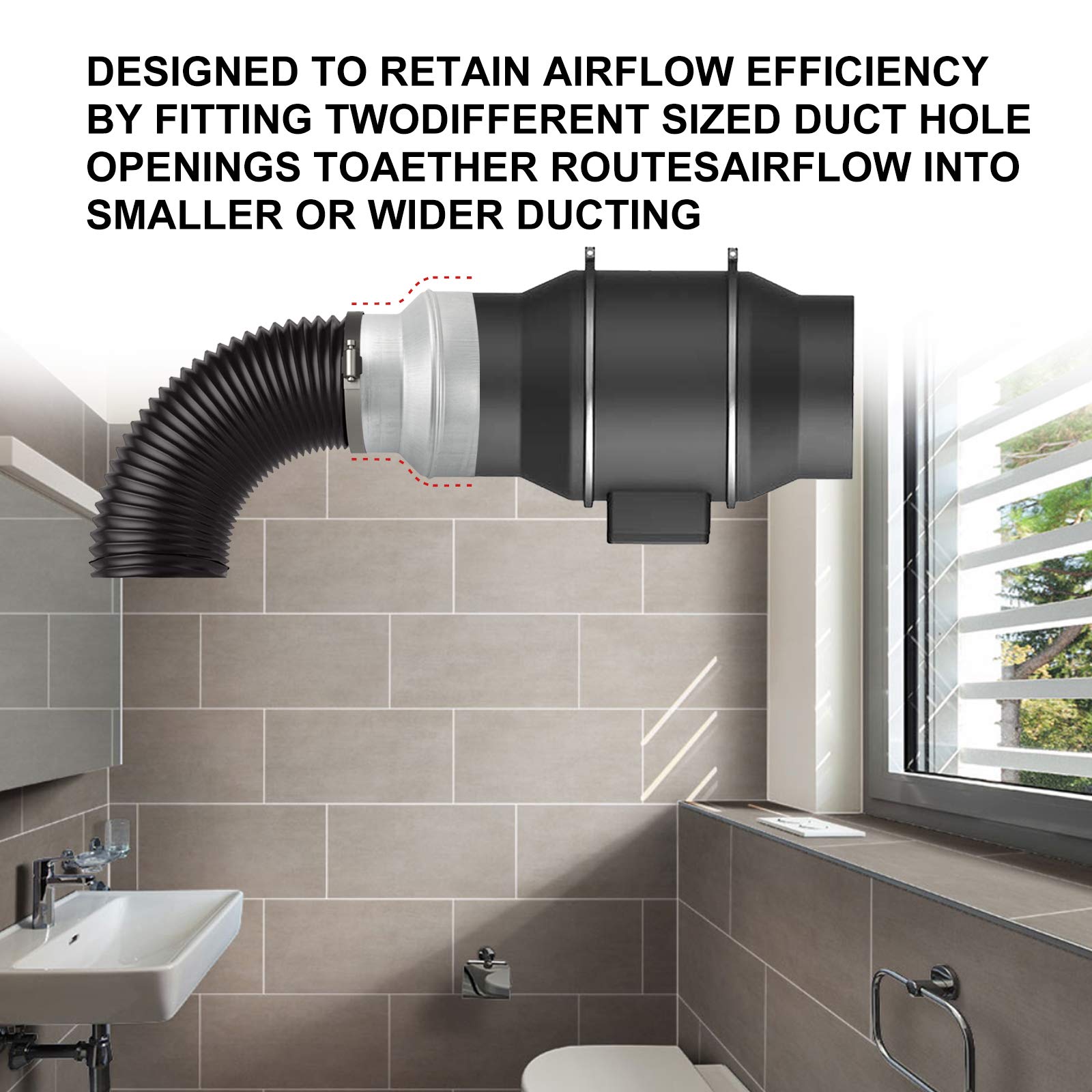 Duct Reducter 6 to 4 Air Ducting Reducer Increaser Air Duct Adapter or Round Metal Pipe Reducer for Bathroom Kitchen Ventilation Systems - Black