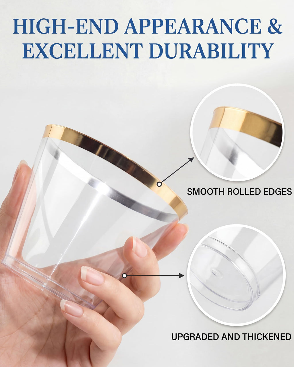 Nervure 120PCS Gold Plastic Cups - 10Oz Gold Rim Plastic Cups - Heavy Duty Disposable Cups - Clear Cup with Gold Rim for Weddings, Birthdays, Gatherings and Party