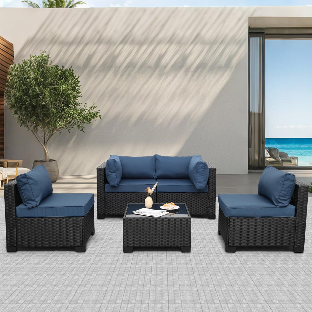 WAROOM Outdoor 5 Piece Patio Furniture Set, Black Rattan Conversation Couch Resin Wicker Sectional Sofa Outside Chair with Coffee Table, Grey Cushion