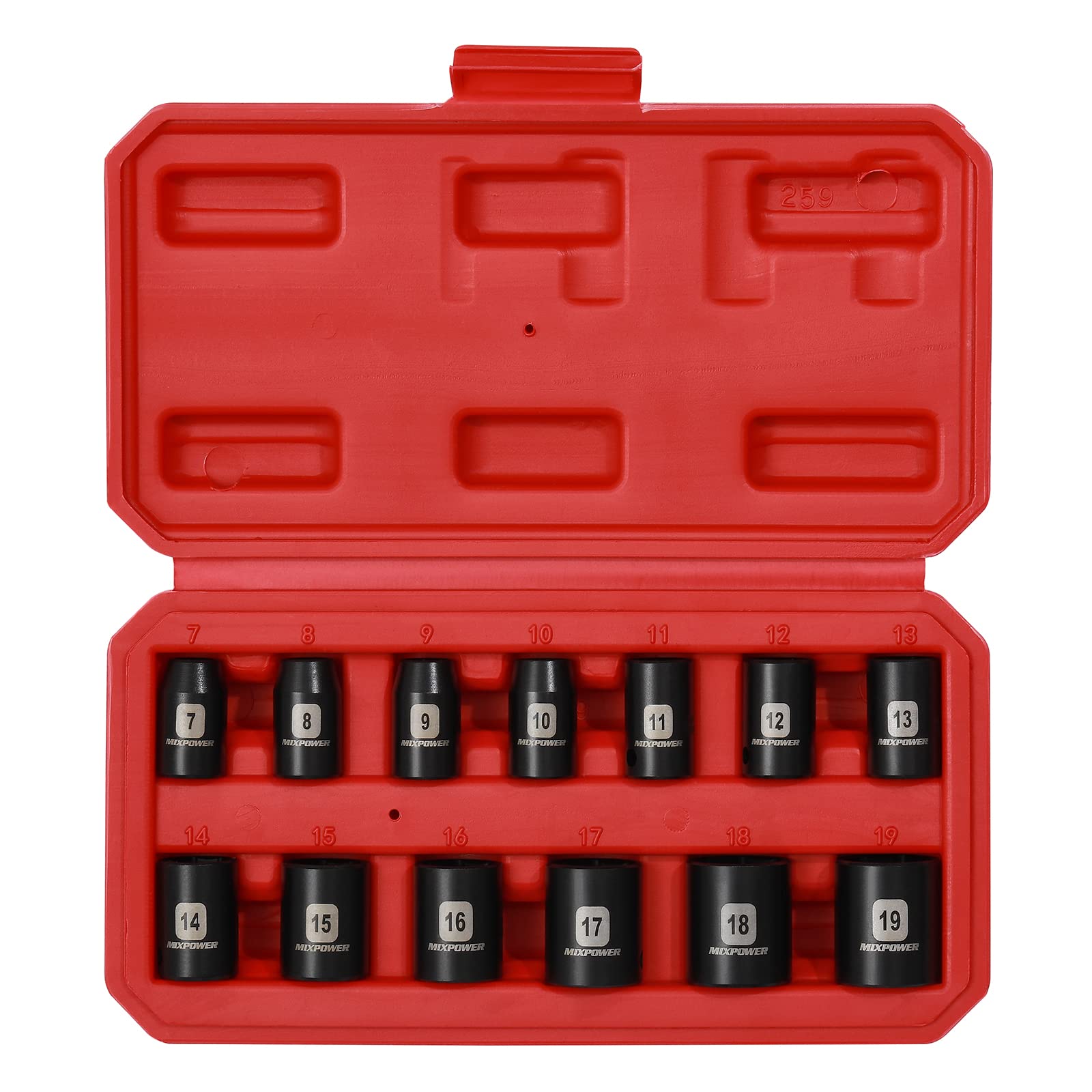 MIXPOWER 12 Pieces 3/8-Inch Drive Shallow Impact Socket Set, 5/16 to 1 inch, CR-V, SAE, 6 Point, Shallow, 12 Pieces 3/8" Dr. Socket